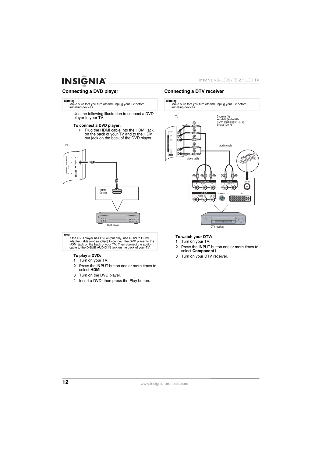 Insignia NS-LCD27FS manual Connecting a DVD player, Connecting a DTV receiver, To connect a DVD player, To play a DVD 