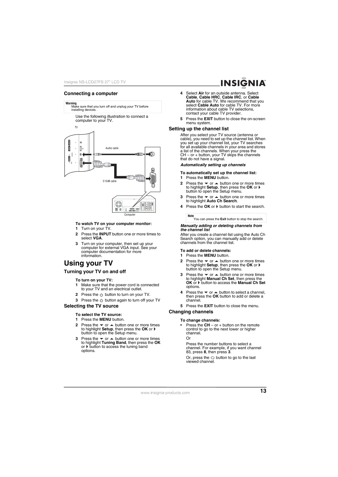 Insignia NS-LCD27FS manual Using your TV 