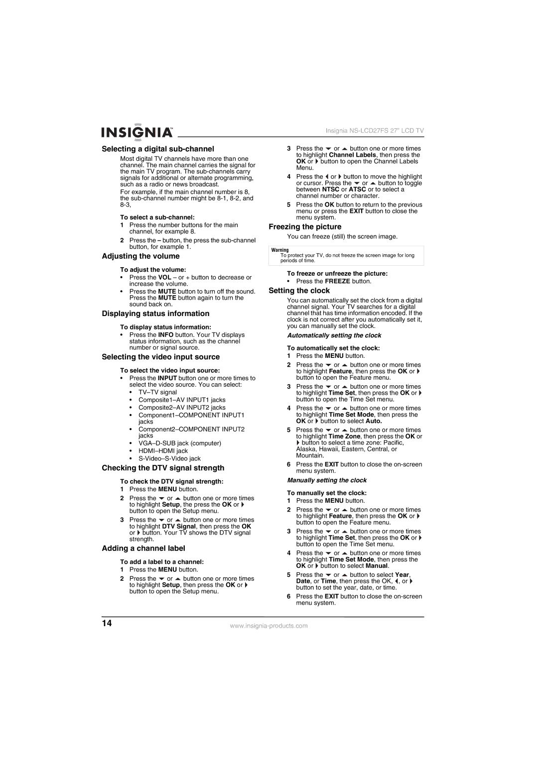 Insignia NS-LCD27FS manual Selecting a digital sub-channel, Adjusting the volume, Displaying status information 