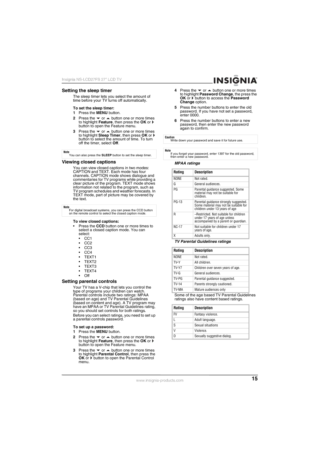 Insignia NS-LCD27FS manual Setting the sleep timer, Viewing closed captions, Setting parental controls, Mpaa ratings 