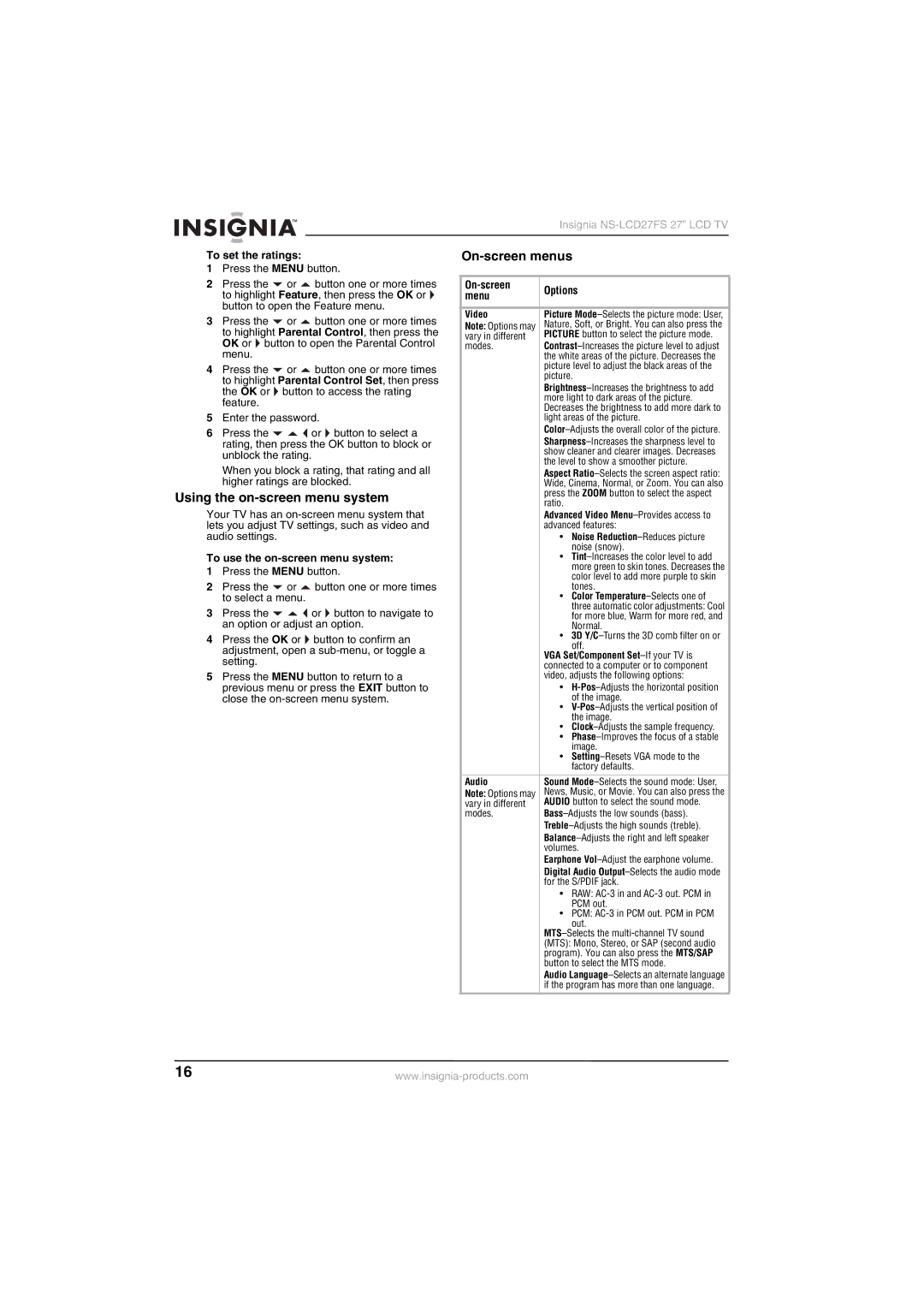 Insignia NS-LCD27FS On-screen menus, Using the on-screen menu system, To set the ratings, To use the on-screen menu system 