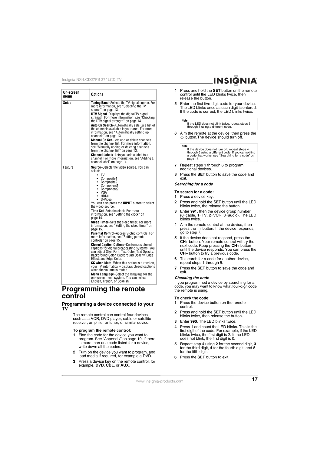 Insignia NS-LCD27FS manual Programming the remote, Control, Programming a device connected to your, Searching for a code 