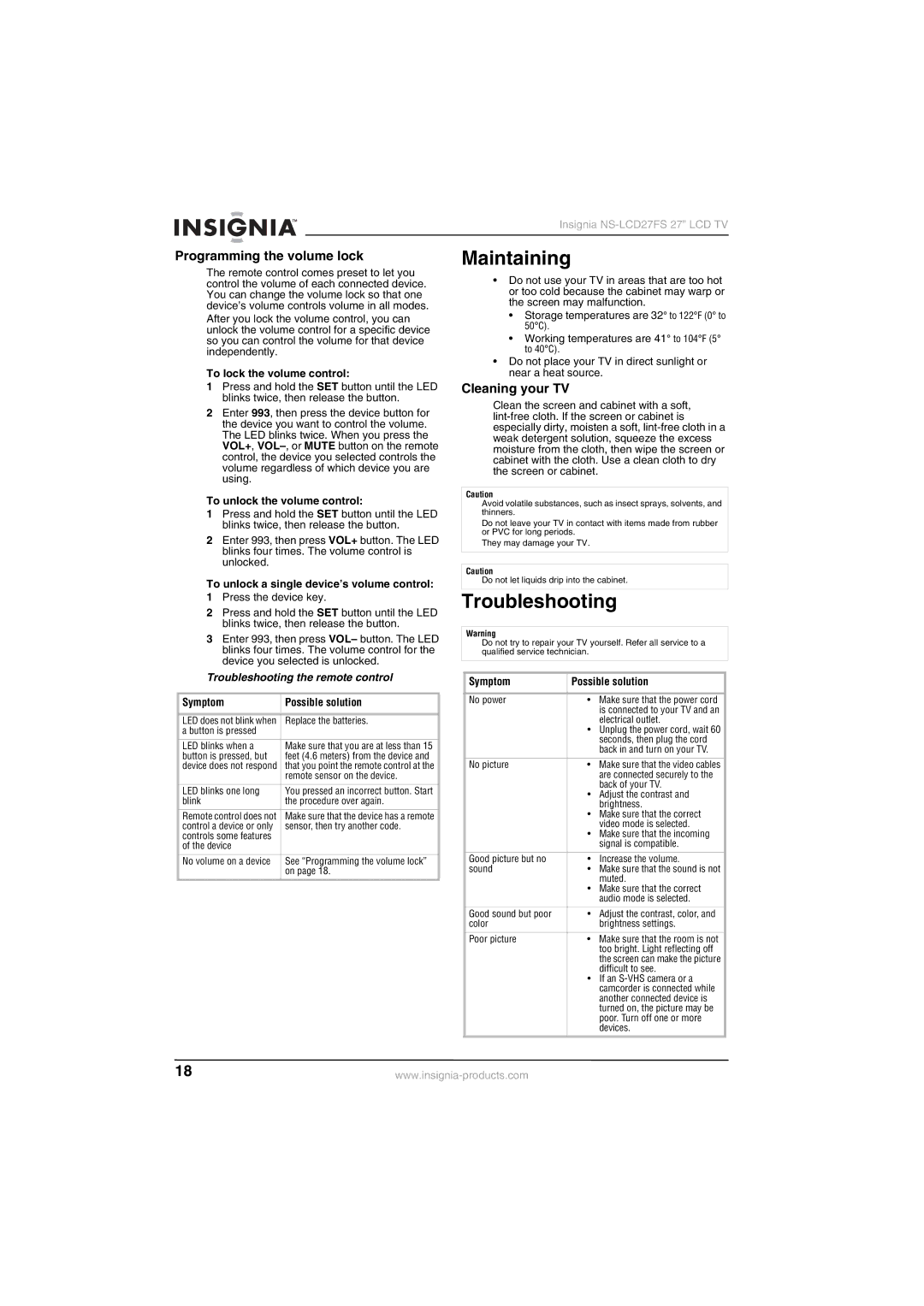 Insignia NS-LCD27FS manual Maintaining, Troubleshooting, Programming the volume lock, Cleaning your TV 