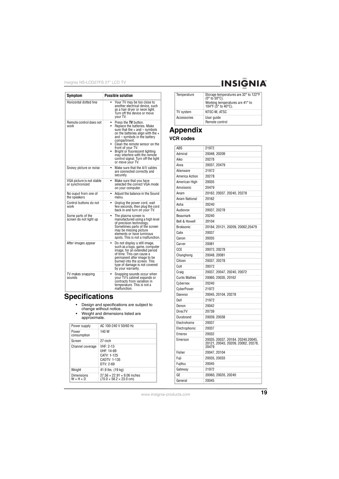 Insignia NS-LCD27FS manual Specifications, Appendix, VCR codes 