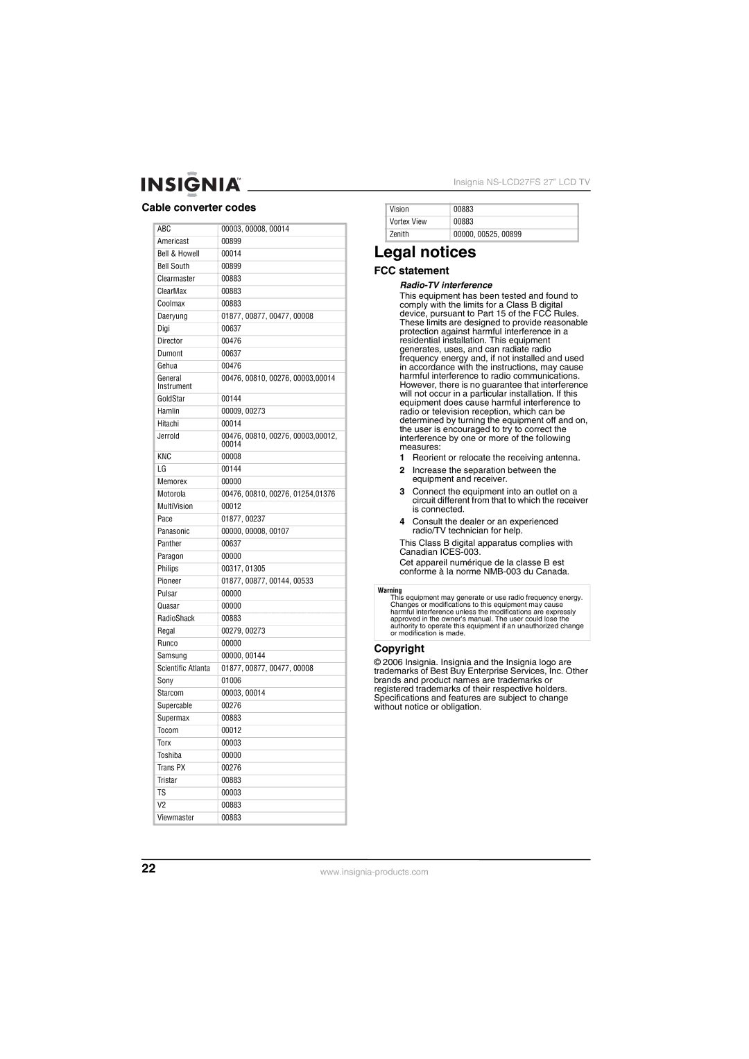 Insignia NS-LCD27FS manual Legal notices, Cable converter codes, FCC statement, Copyright, Radio-TV interference 