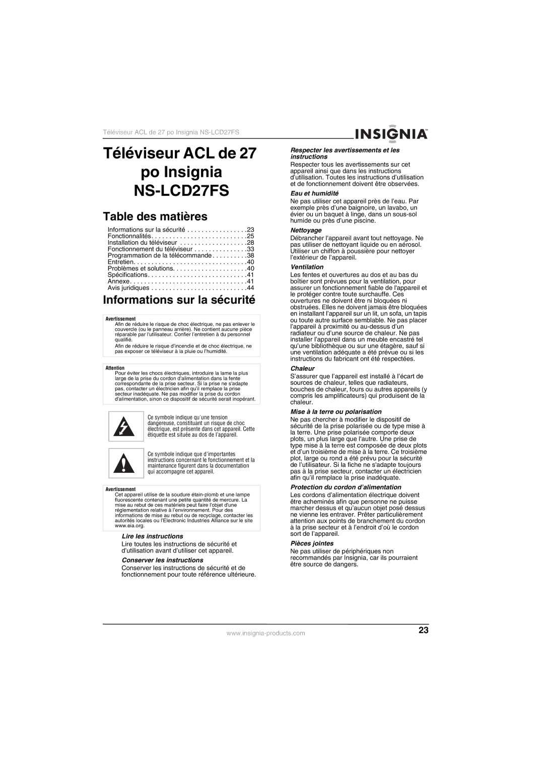 Insignia NS-LCD27FS manual Table des matières, Informations sur la sécurité 