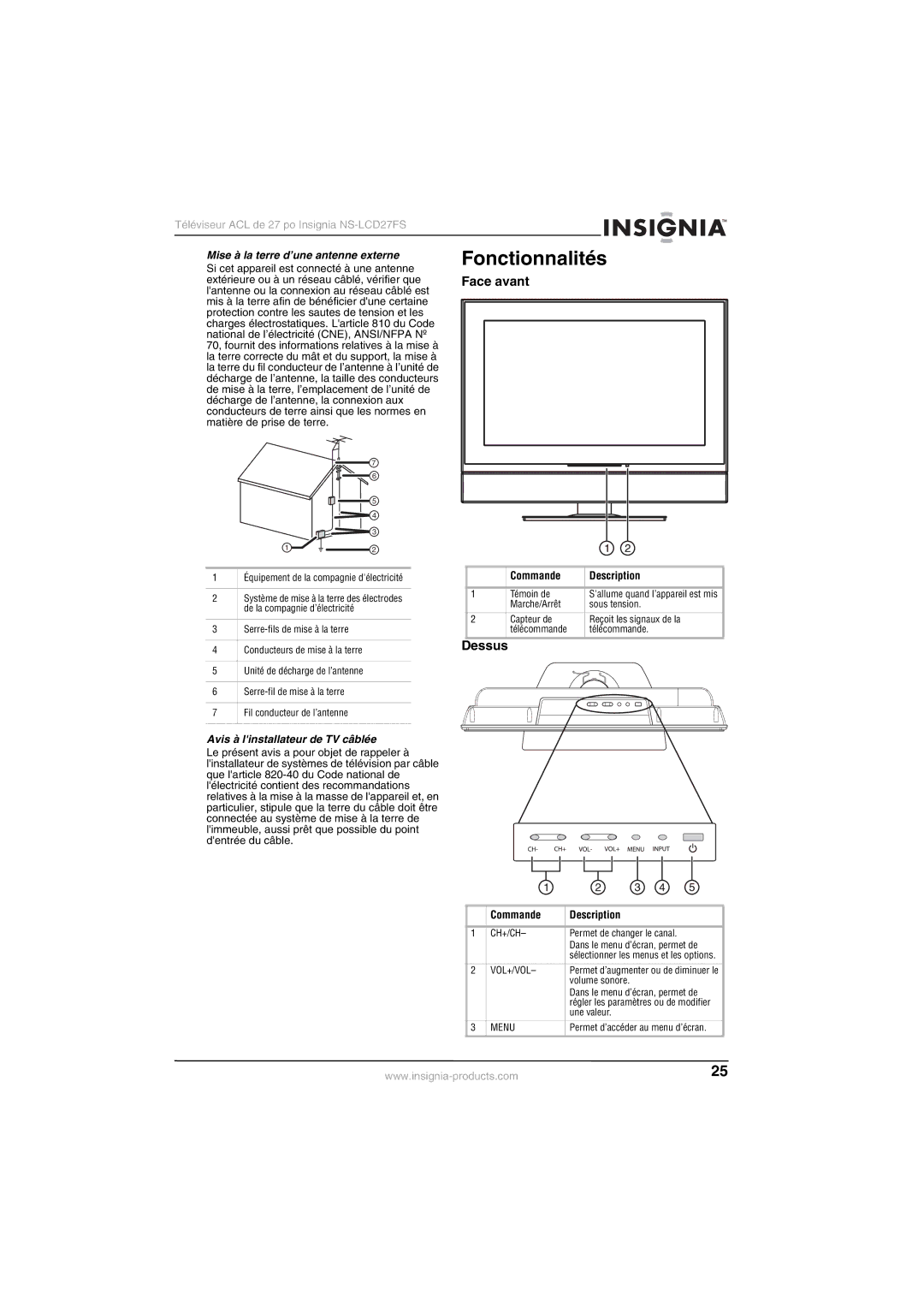 Insignia NS-LCD27FS manual Fonctionnalités, Face avant, Dessus, Mise à la terre d’une antenne externe 