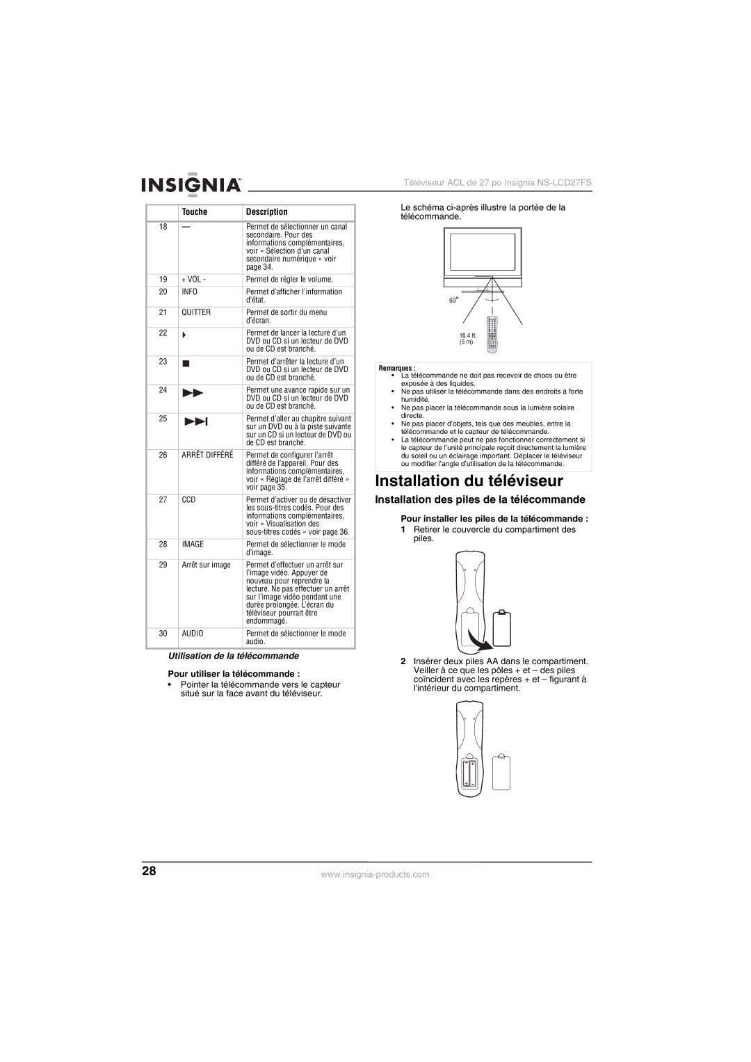 Insignia NS-LCD27FS Installation du téléviseur, Installation des piles de la télécommande, Utilisation de la télécommande 