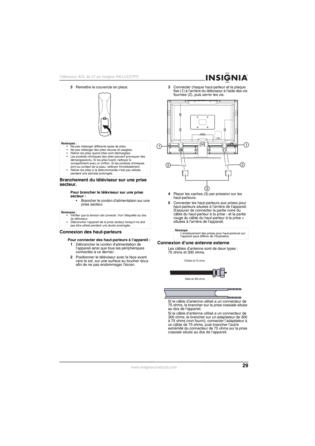 Insignia NS-LCD27FS manual Branchement du téléviseur sur une prise secteur, Connexion des haut-parleurs 