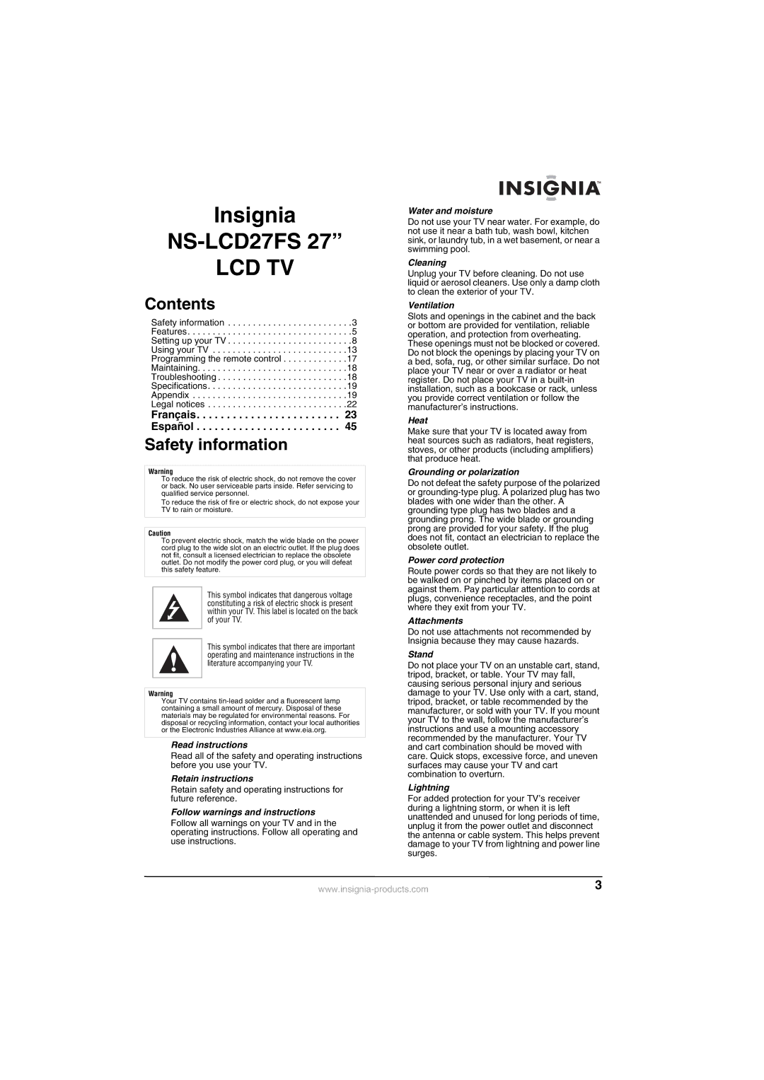 Insignia NS-LCD27FS manual Contents, Safety information 