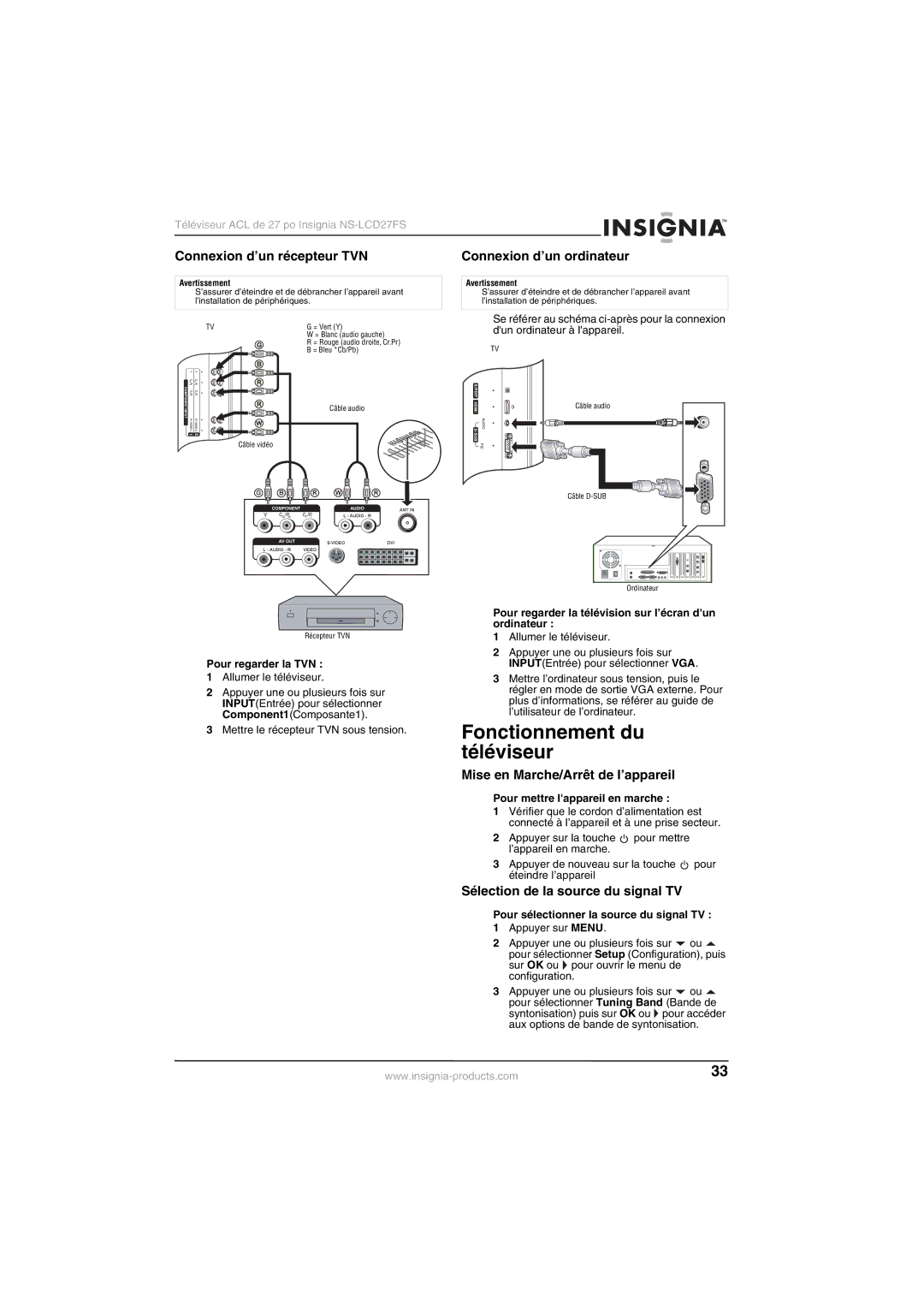 Insignia NS-LCD27FS manual Fonctionnement du téléviseur, Connexion d’un récepteur TVN, Connexion d’un ordinateur 