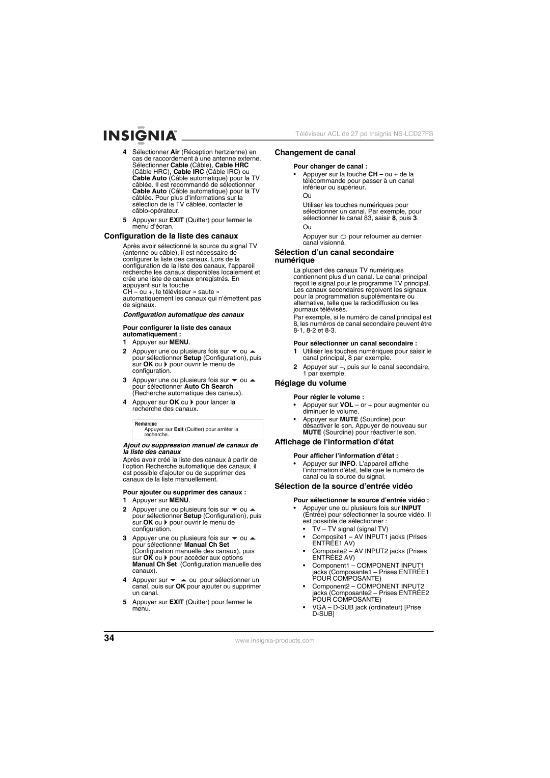 Insignia NS-LCD27FS Configuration de la liste des canaux, Changement de canal, Sélection d’un canal secondaire numérique 