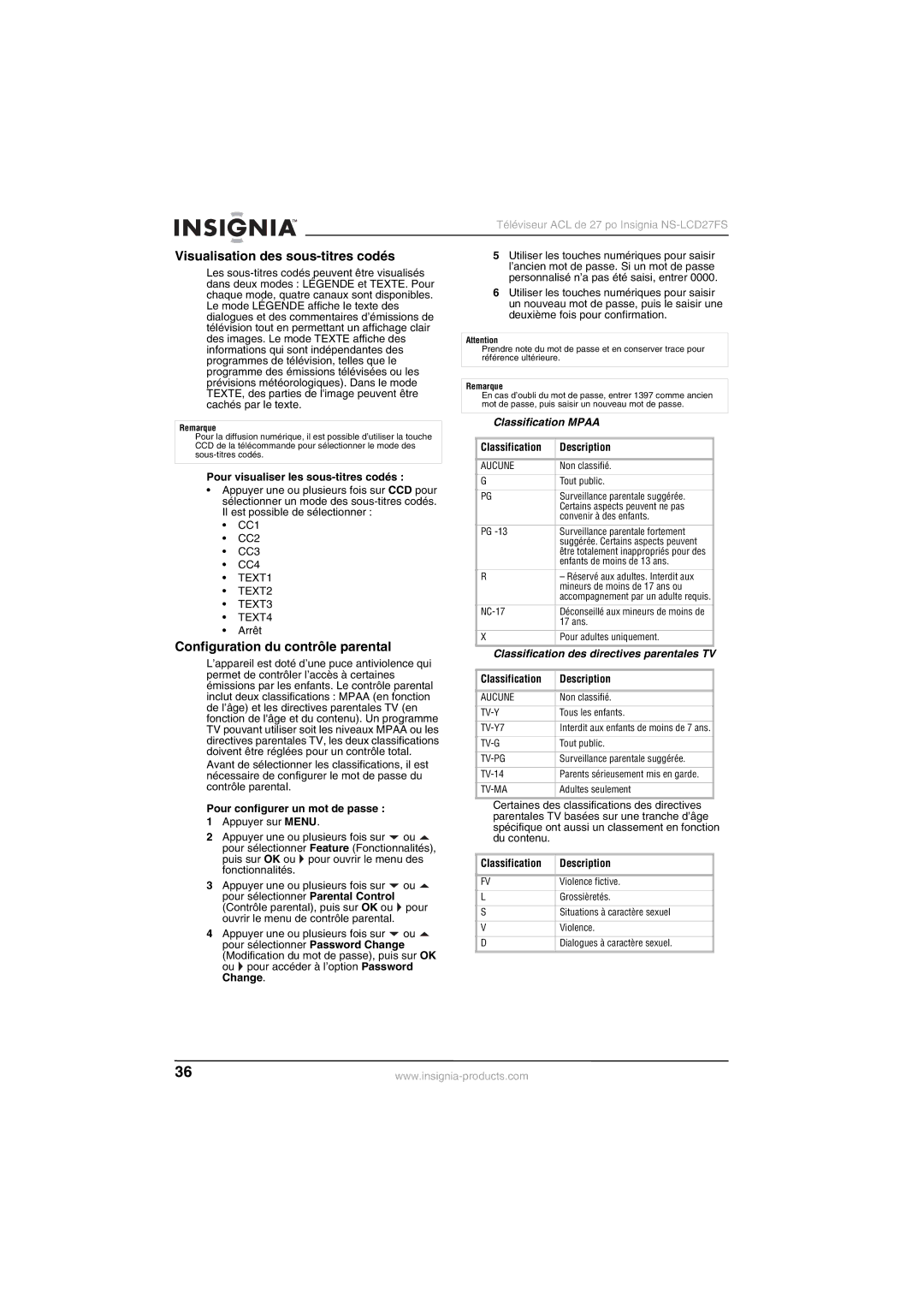 Insignia NS-LCD27FS manual Visualisation des sous-titres codés, Configuration du contrôle parental, Classification Mpaa 