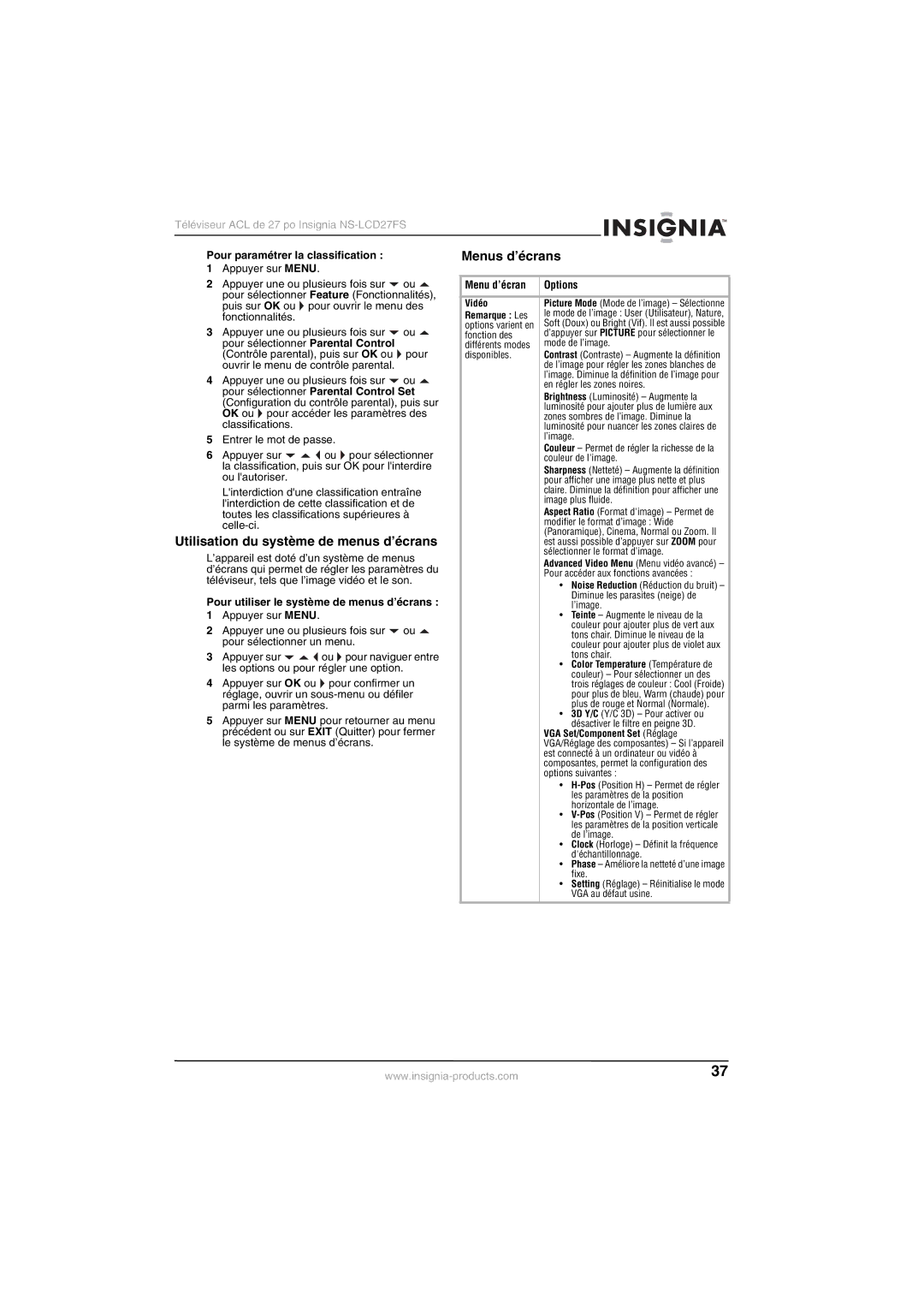 Insignia NS-LCD27FS manual Menus d’écrans, Utilisation du système de menus d’écrans, Pour paramétrer la classification 