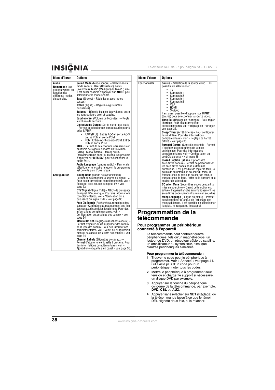 Insignia NS-LCD27FS manual Programmation de la télécommande, Pour programmer un périphérique connecté à l’appareil 