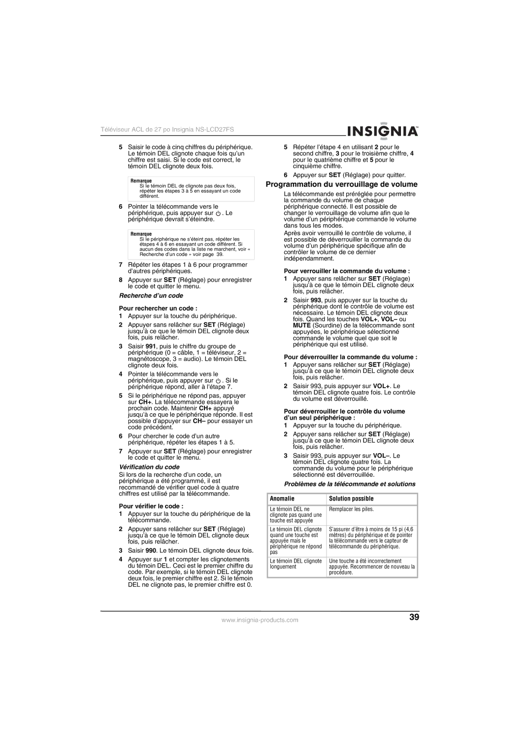 Insignia NS-LCD27FS manual Programmation du verrouillage de volume, Recherche d’un code, Vérification du code 