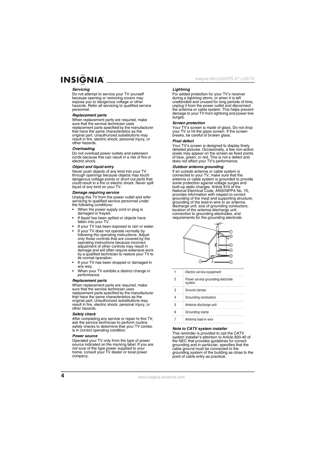 Insignia NS-LCD27FS manual Servicing, Replacement parts, Overloading, Object and liquid entry, Damage requiring service 