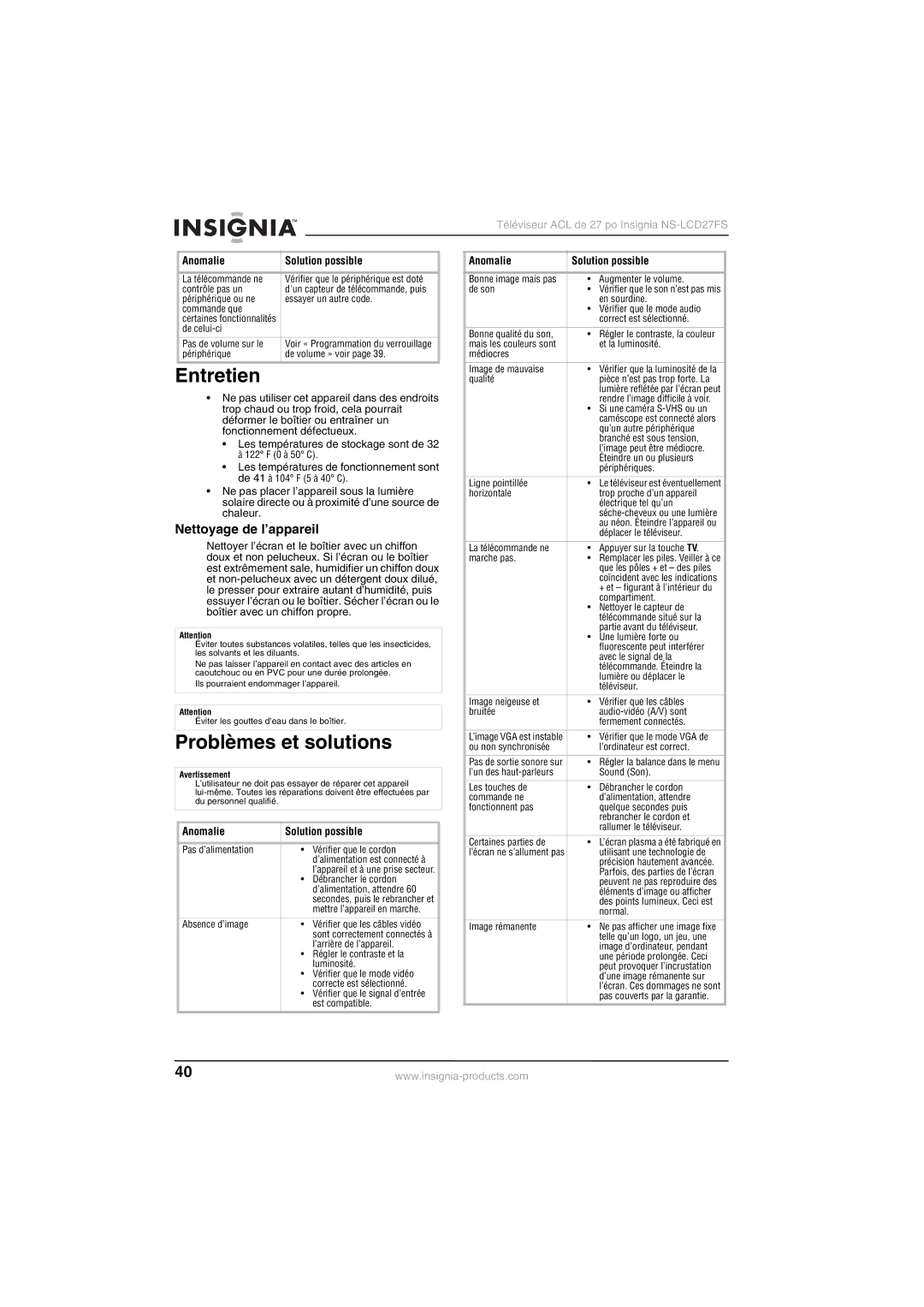 Insignia NS-LCD27FS manual Entretien, Problèmes et solutions, Nettoyage de l’appareil 