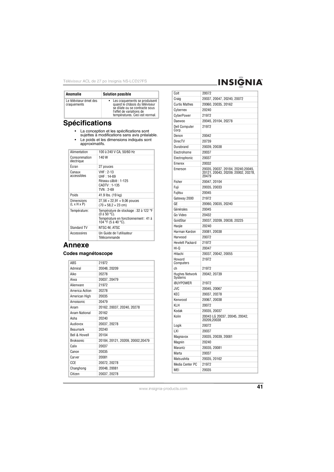 Insignia NS-LCD27FS manual Spécifications, Annexe, Codes magnétoscope 