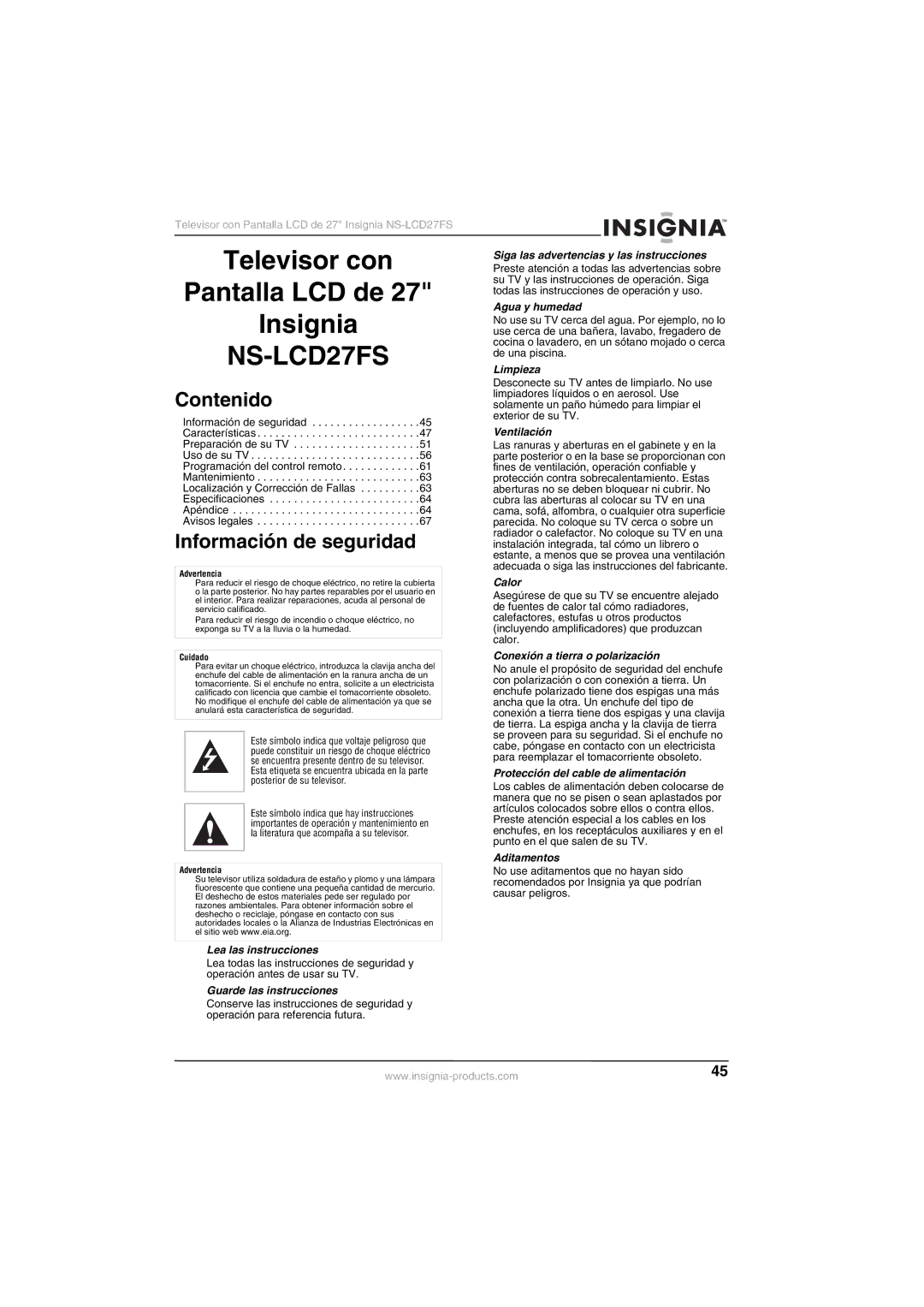 Insignia NS-LCD27FS manual Contenido, Información de seguridad 