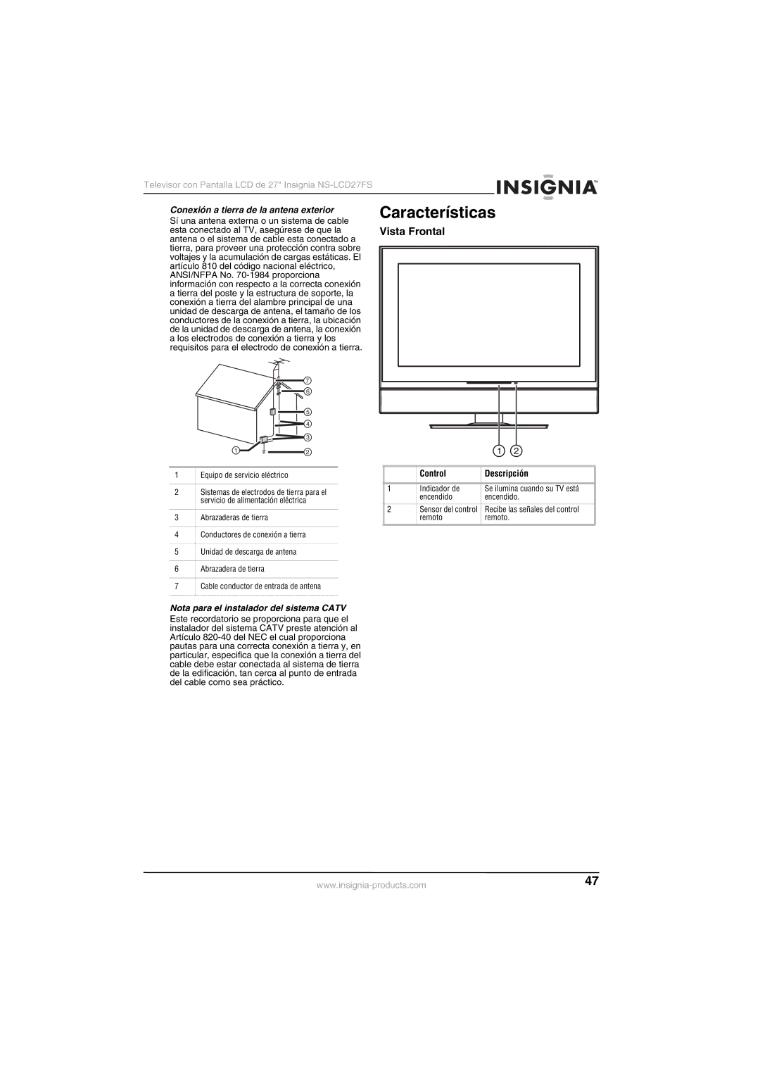 Insignia NS-LCD27FS manual Características, Vista Frontal, Conexión a tierra de la antena exterior, Control Descripción 