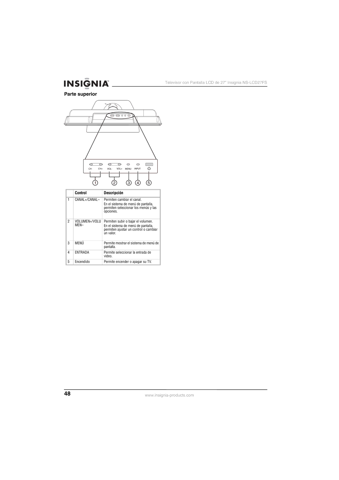 Insignia NS-LCD27FS manual Parte superior, Menú, Entrada 