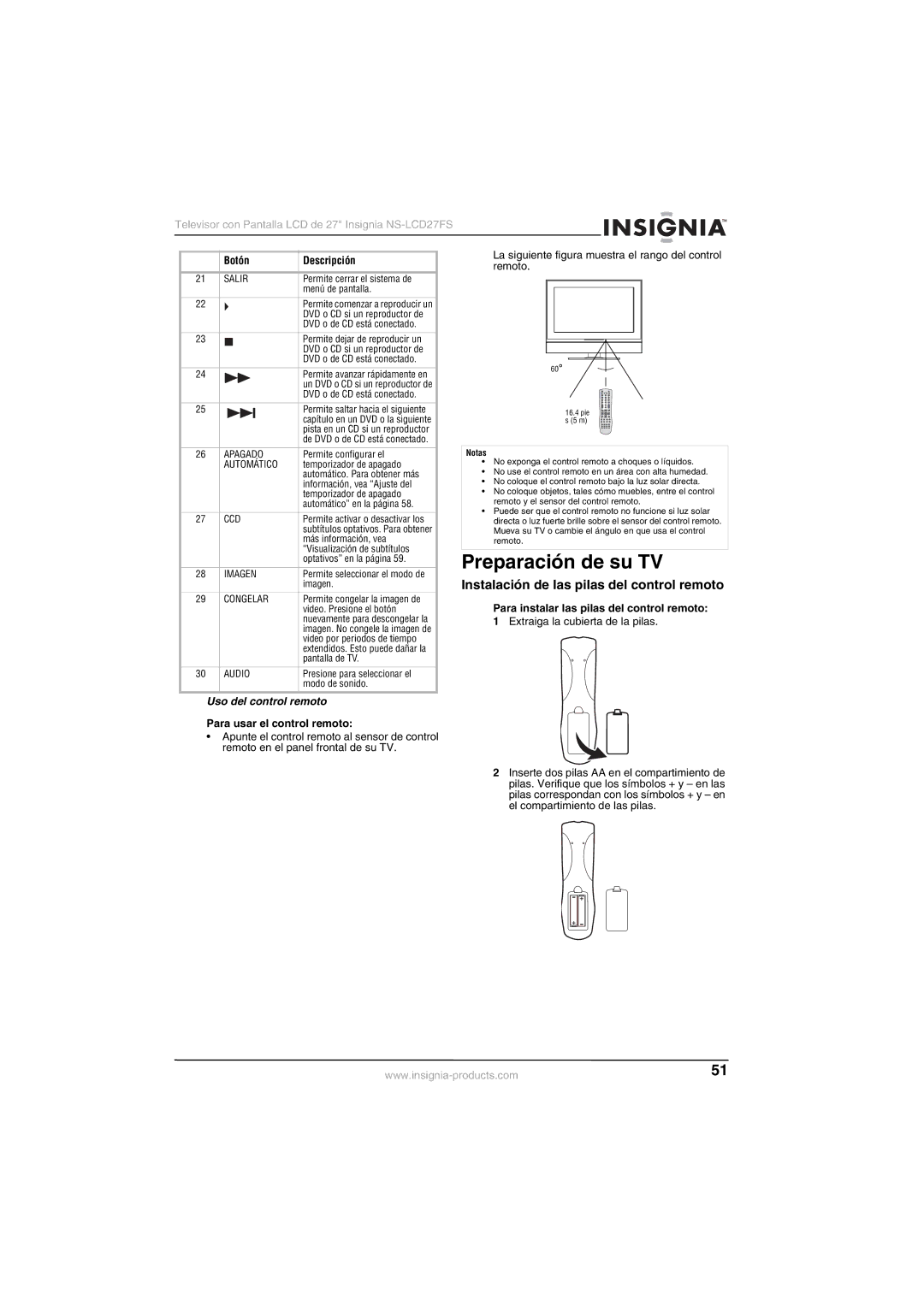 Insignia NS-LCD27FS manual Preparación de su TV, Instalación de las pilas del control remoto, Uso del control remoto 