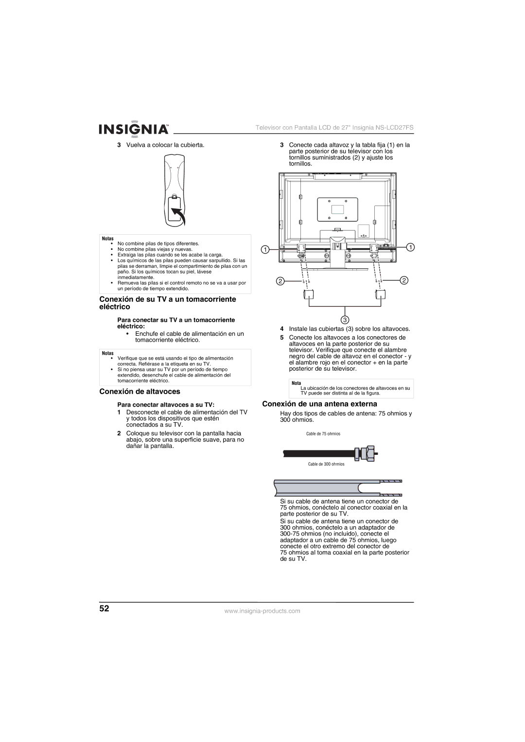 Insignia NS-LCD27FS Conexión de su TV a un tomacorriente eléctrico, Conexión de altavoces, Conexión de una antena externa 