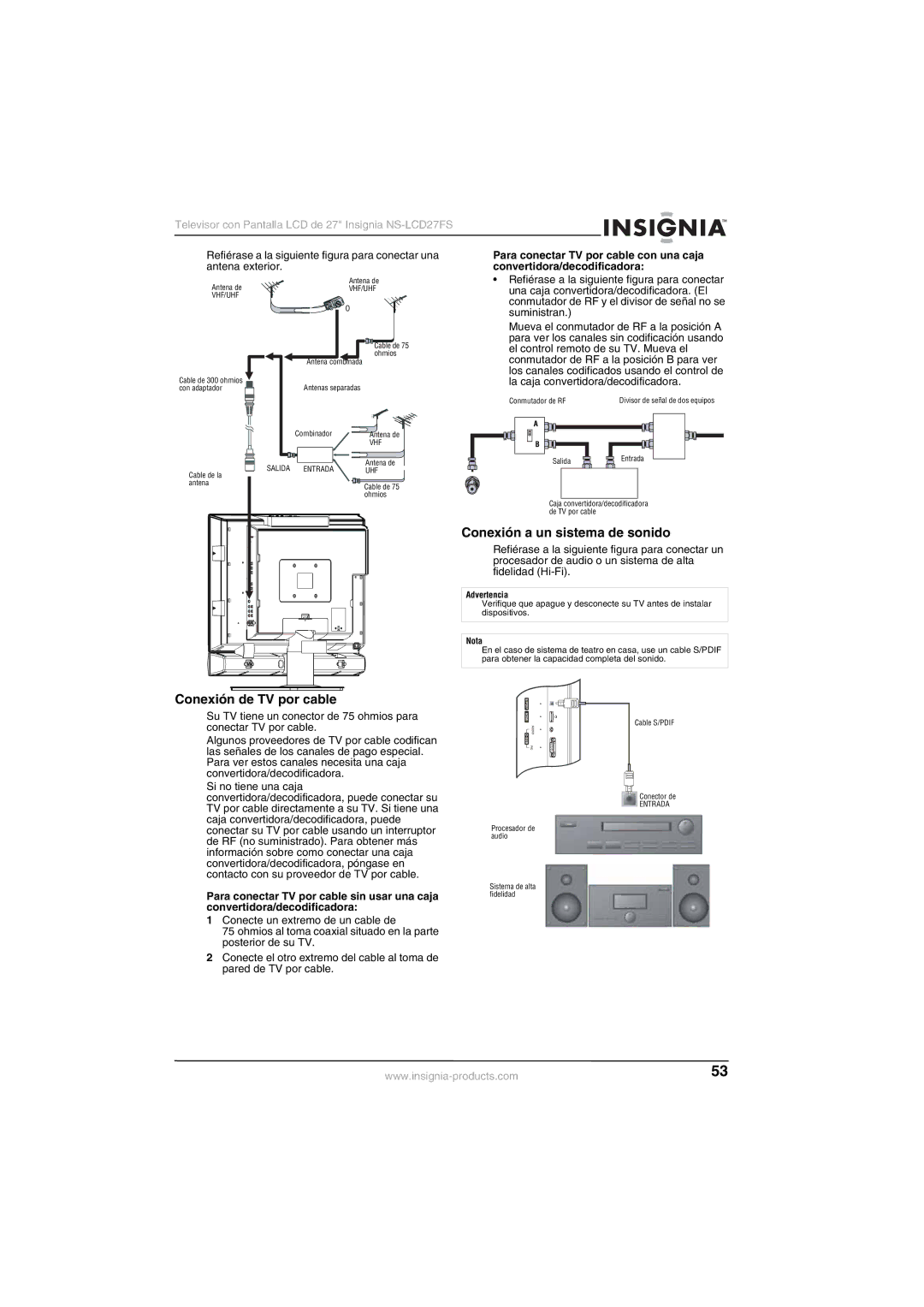 Insignia NS-LCD27FS Conexión de TV por cable, Conexión a un sistema de sonido, Para conectar TV por cable con una caja 