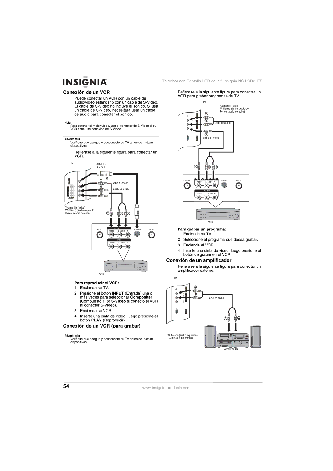 Insignia NS-LCD27FS manual Conexión de un VCR para grabar, Conexión de un amplificador, Para reproducir el VCR 