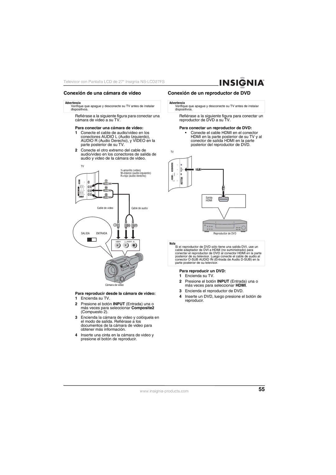 Insignia NS-LCD27FS manual Conexión de una cámara de video, Conexión de un reproductor de DVD 