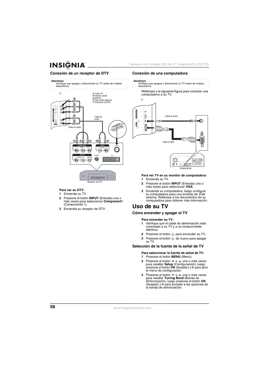 Insignia NS-LCD27FS manual Uso de su TV, Conexión de un receptor de DTV, Conexión de una computadora 