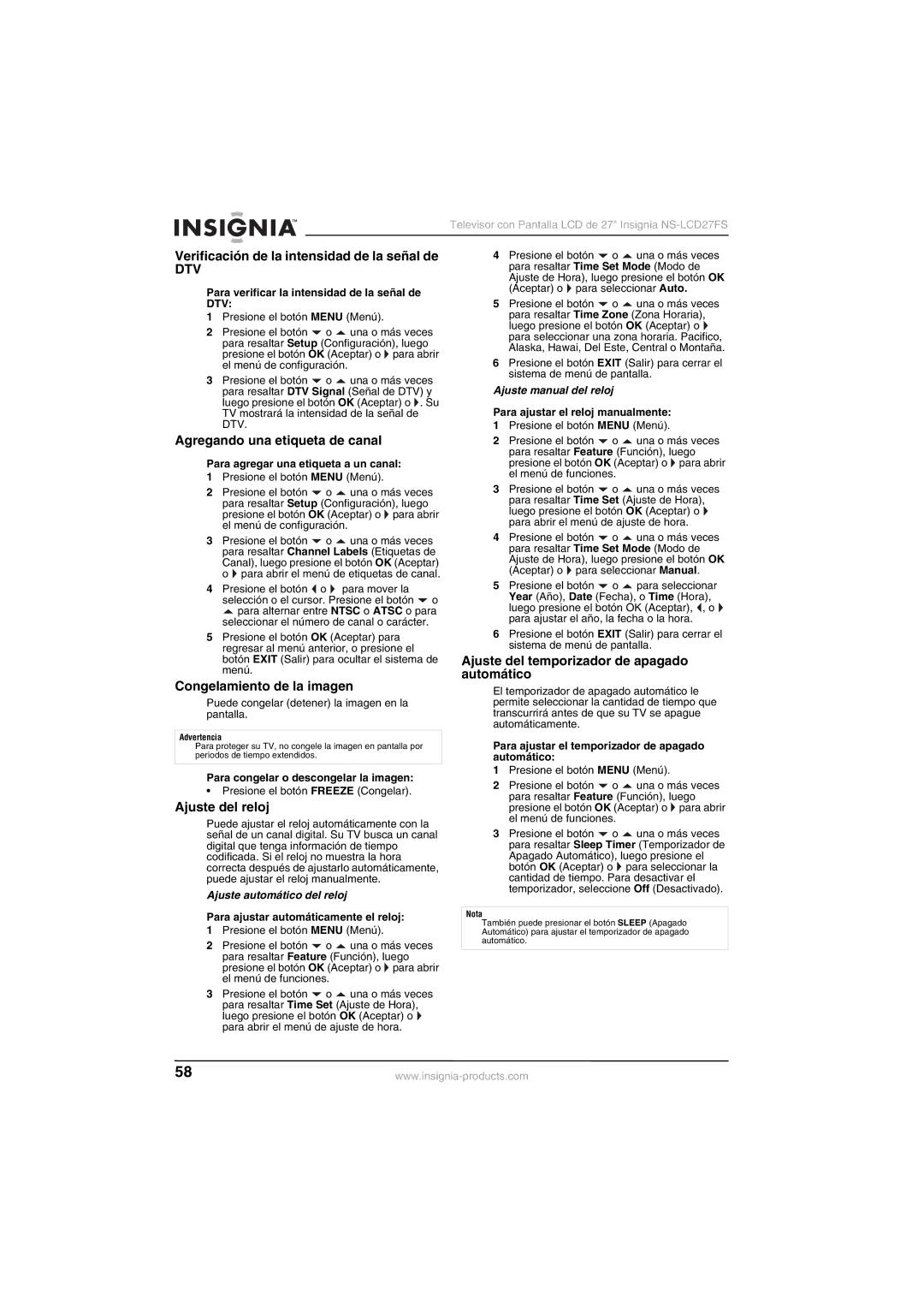 Insignia NS-LCD27FS manual Verificación de la intensidad de la señal de, Agregando una etiqueta de canal, Ajuste del reloj 