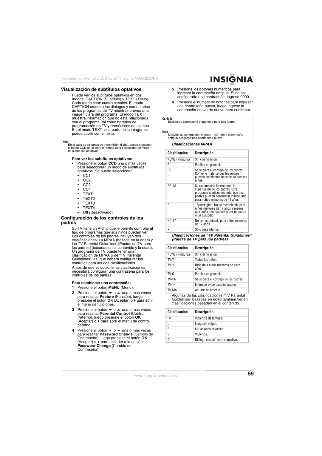 Insignia NS-LCD27FS manual Visualización de subtítulos optativos, Configuración de los controles de los, Padres 