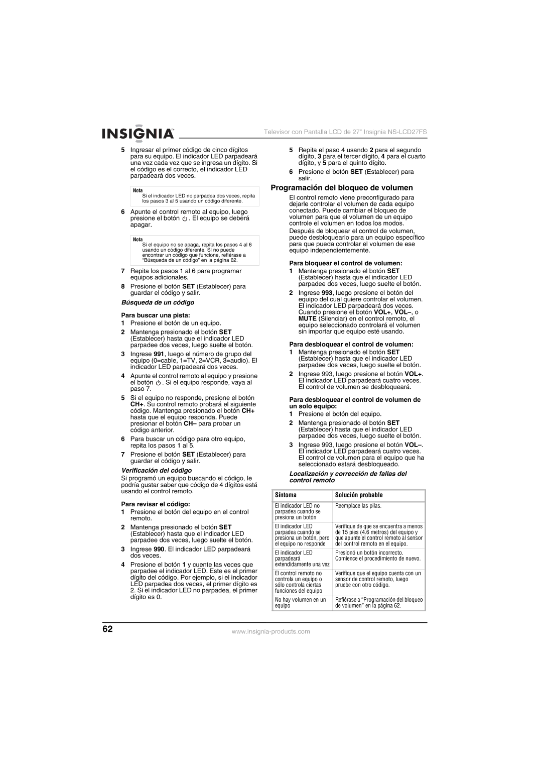 Insignia NS-LCD27FS manual Programación del bloqueo de volumen, Búsqueda de un código, Verificación del código 