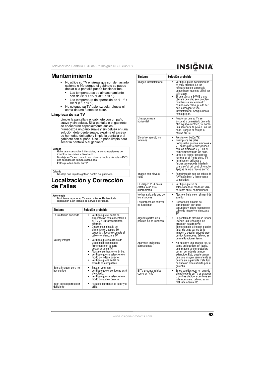 Insignia NS-LCD27FS manual Mantenimiento, Localización y Corrección, De Fallas, Limpieza de su TV 