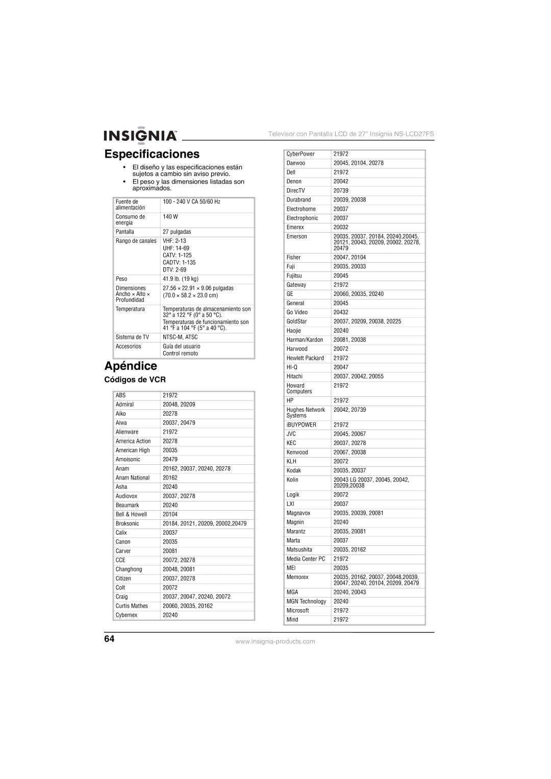 Insignia NS-LCD27FS manual Especificaciones, Apéndice, Códigos de VCR 