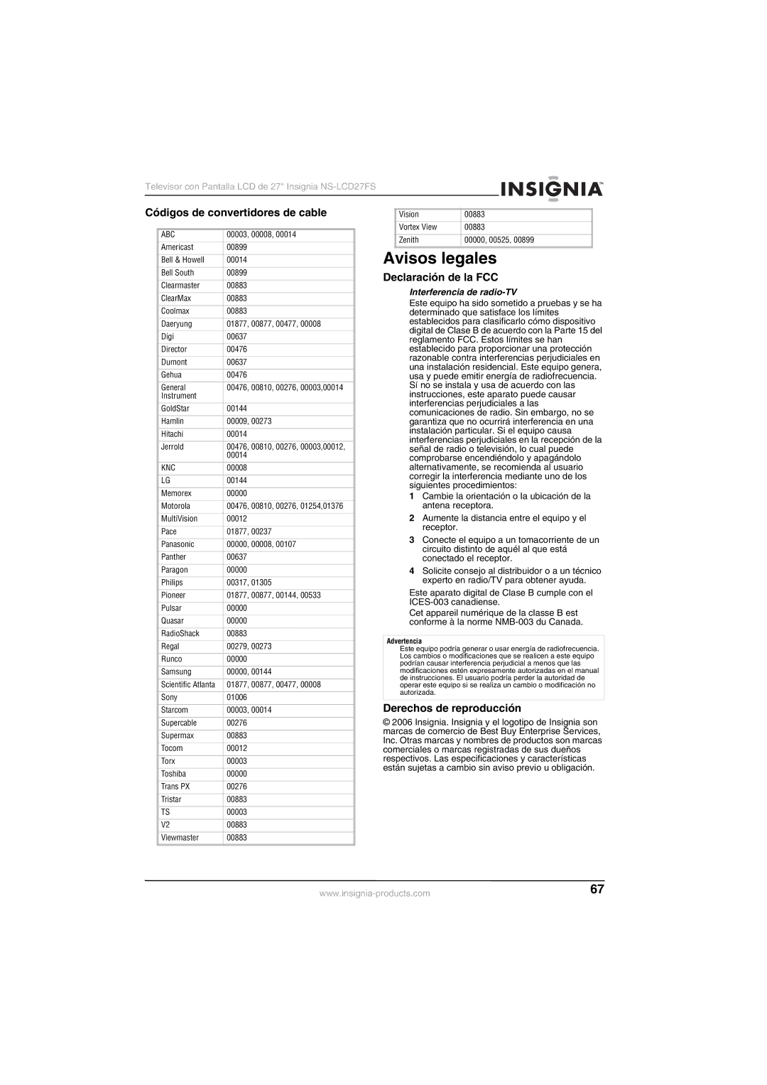 Insignia NS-LCD27FS Avisos legales, Códigos de convertidores de cable, Declaración de la FCC, Derechos de reproducción 