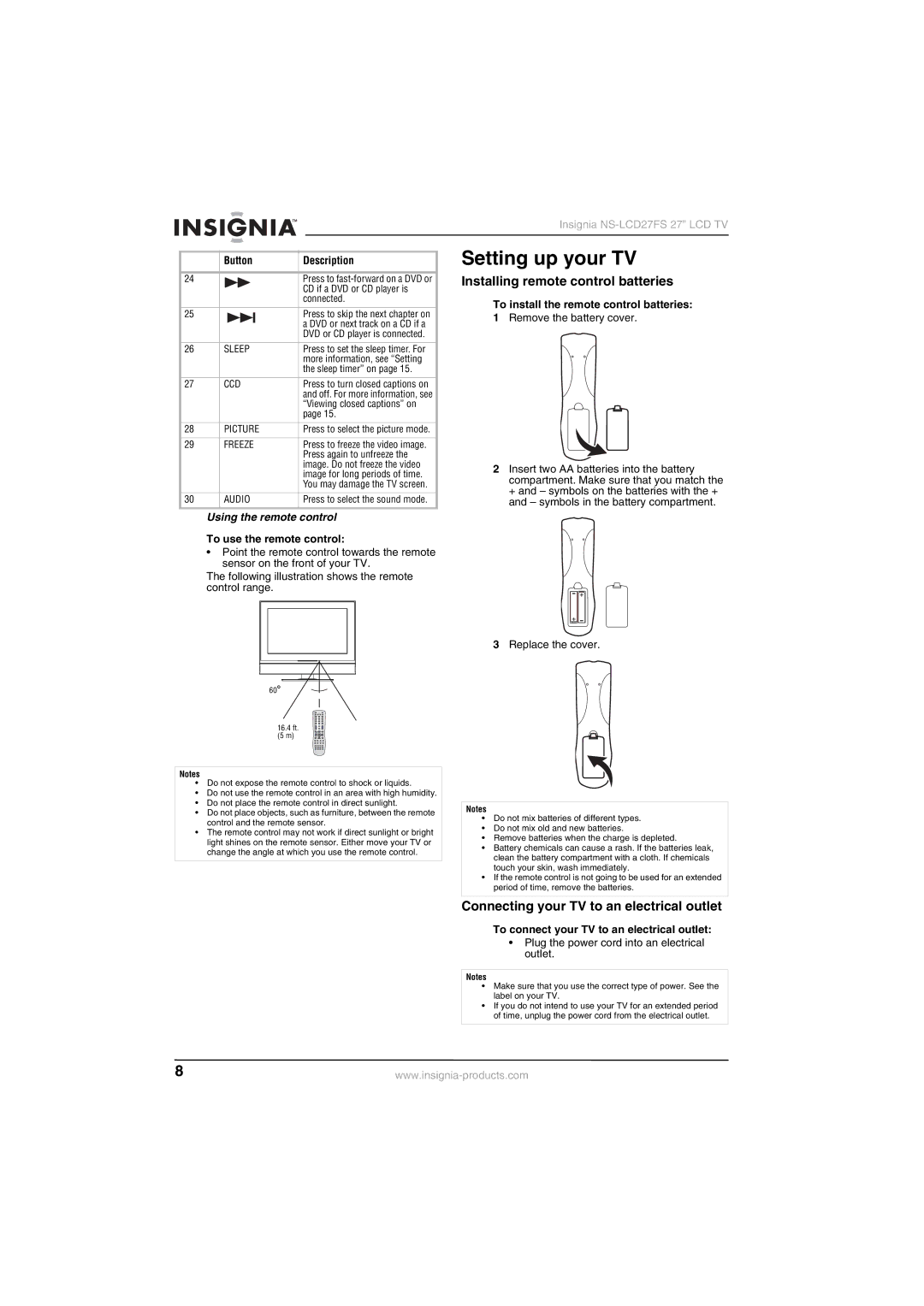 Insignia NS-LCD27FS Setting up your TV, Installing remote control batteries, Connecting your TV to an electrical outlet 