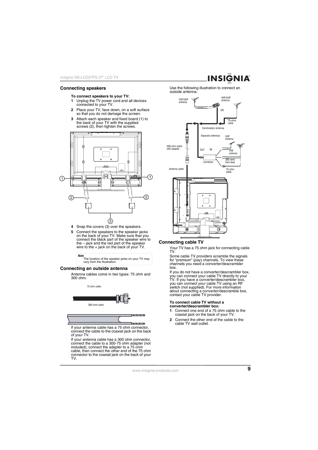 Insignia NS-LCD27FS manual Connecting speakers, Connecting an outside antenna, Connecting cable TV 