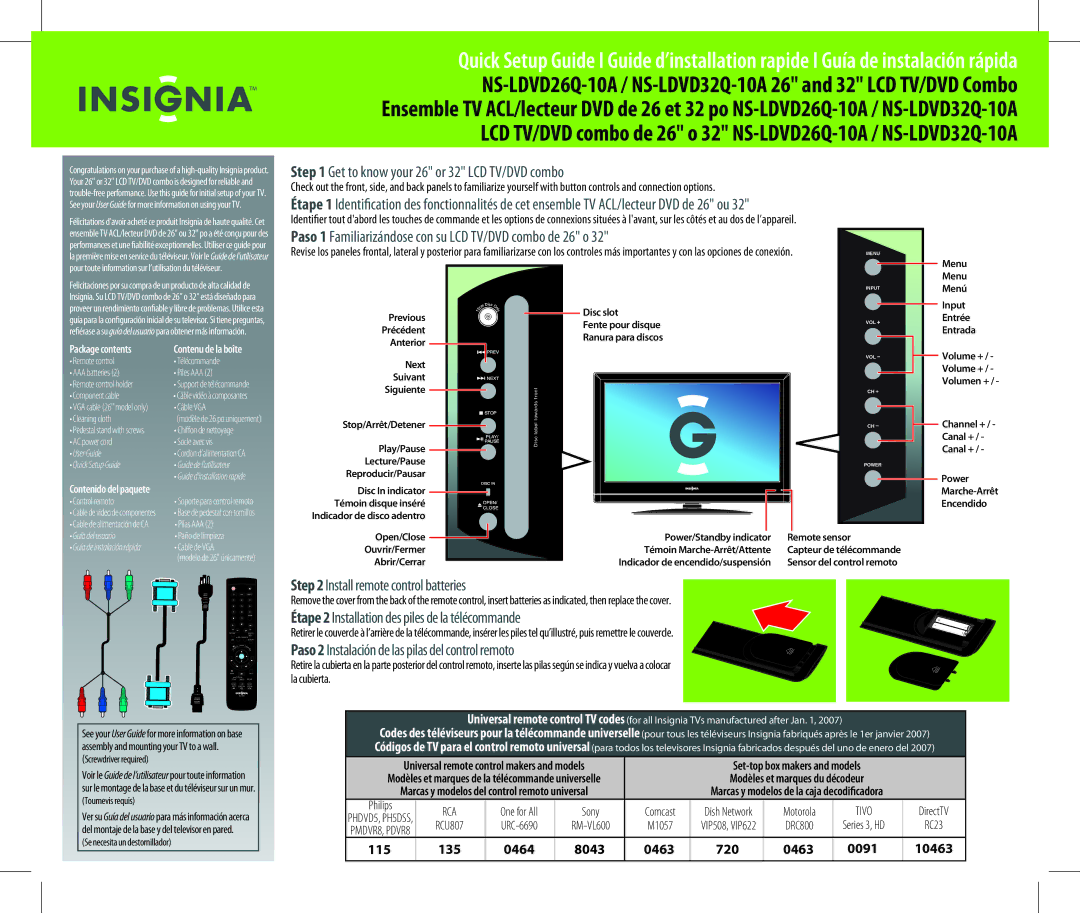 Insignia NS-LDVD26Q-10A setup guide Get to know your 26 or 32 LCD TV/DVD combo, Install remote control batteries 