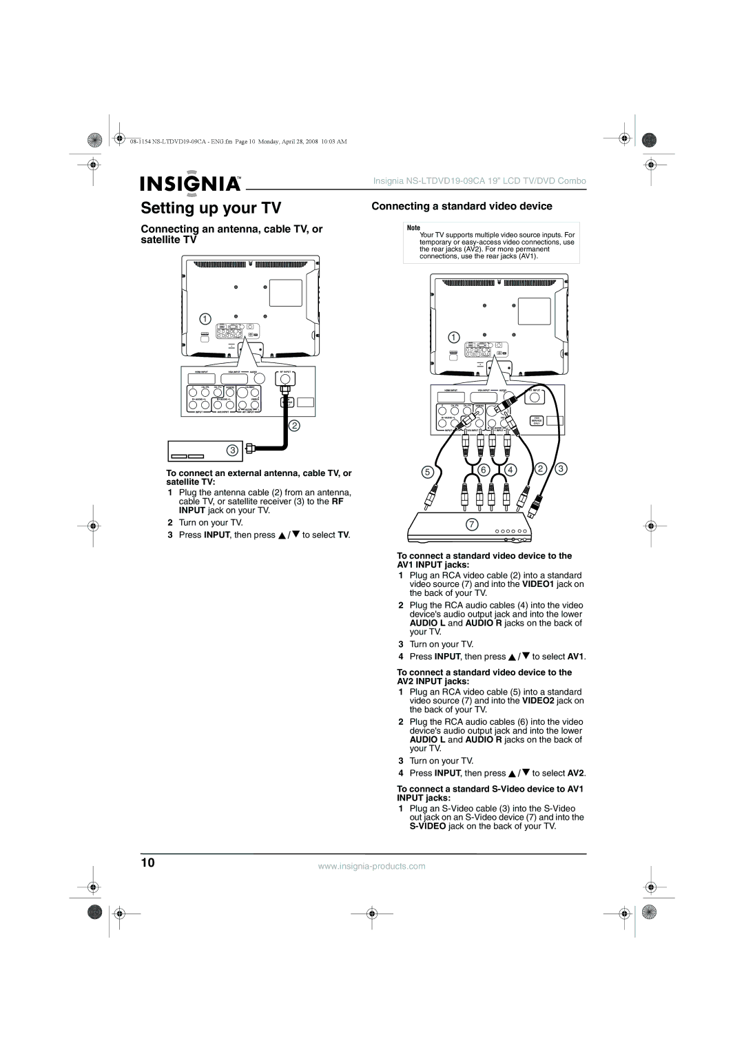 Insignia NS-LTDVD19-09CA manual Setting up your TV, Connecting an antenna, cable TV, or satellite TV 