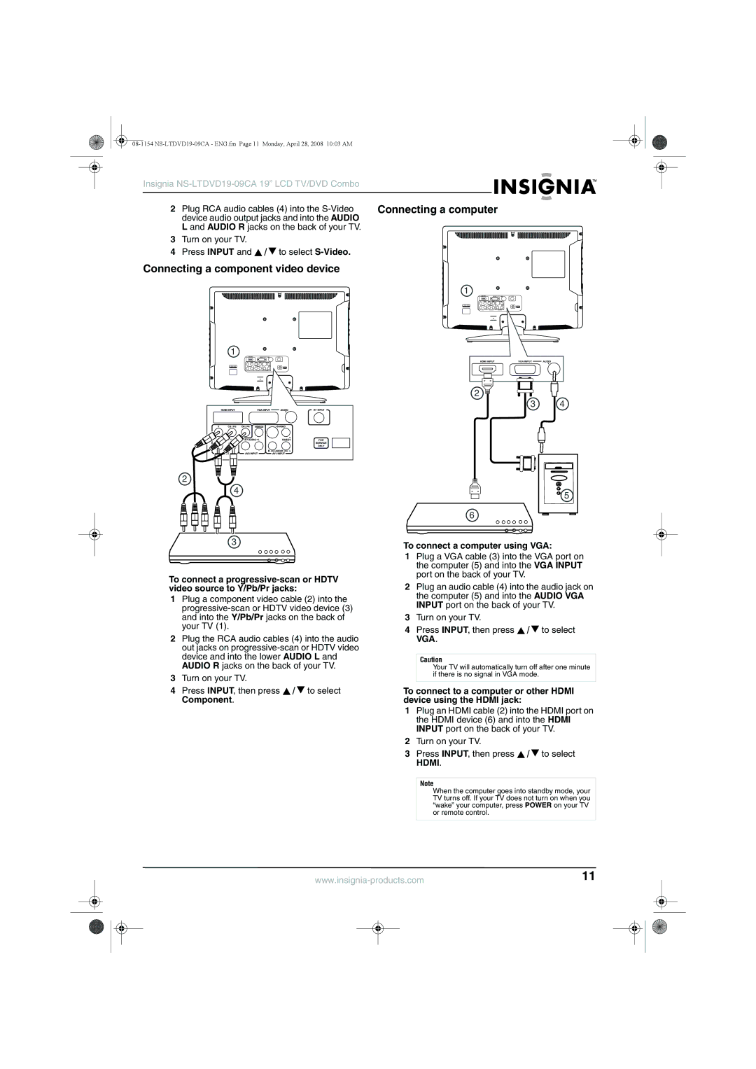 Insignia NS-LTDVD19-09CA manual Connecting a computer, Connecting a component video device, To connect a computer using VGA 