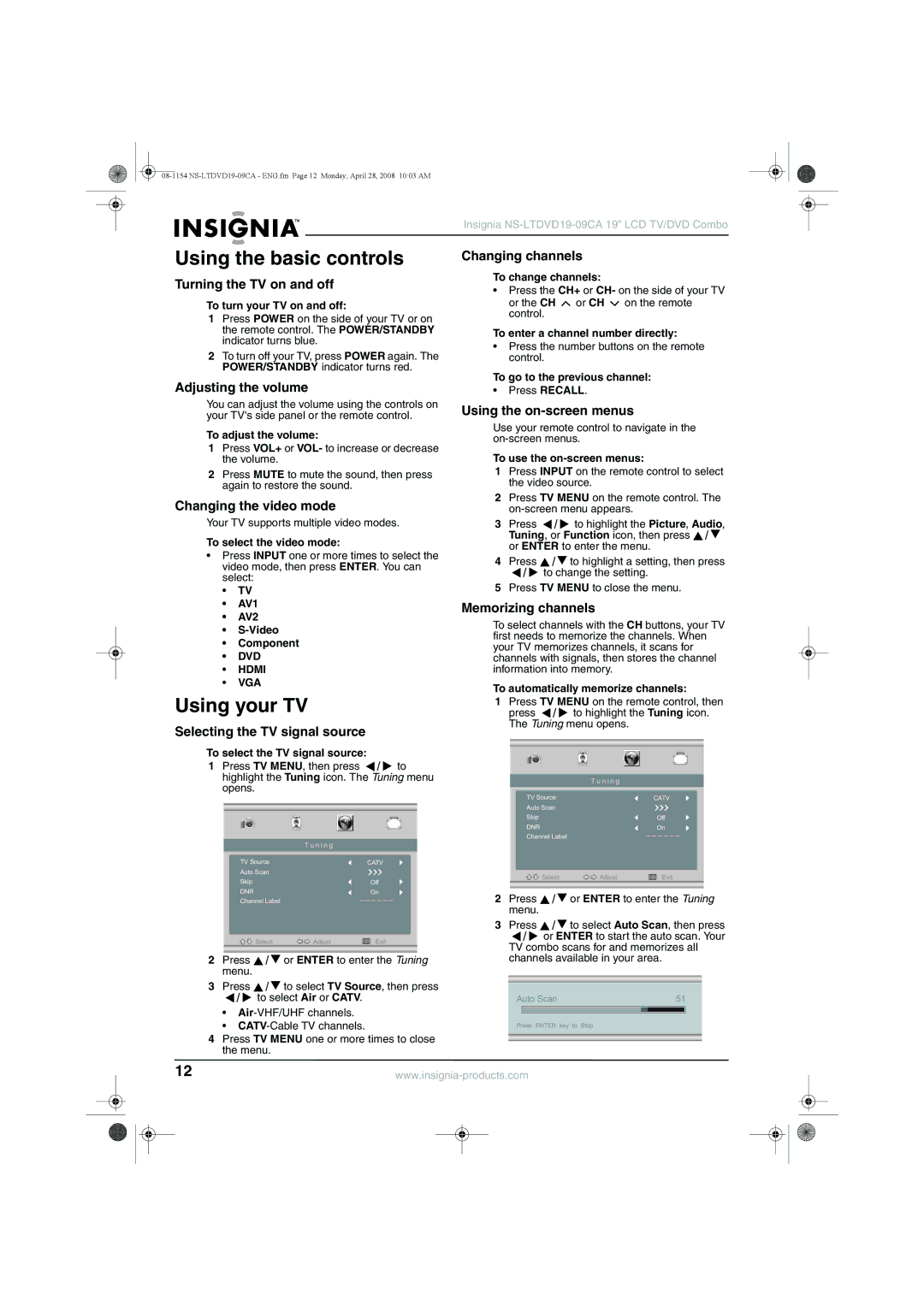 Insignia NS-LTDVD19-09CA manual Using the basic controls, Using your TV 