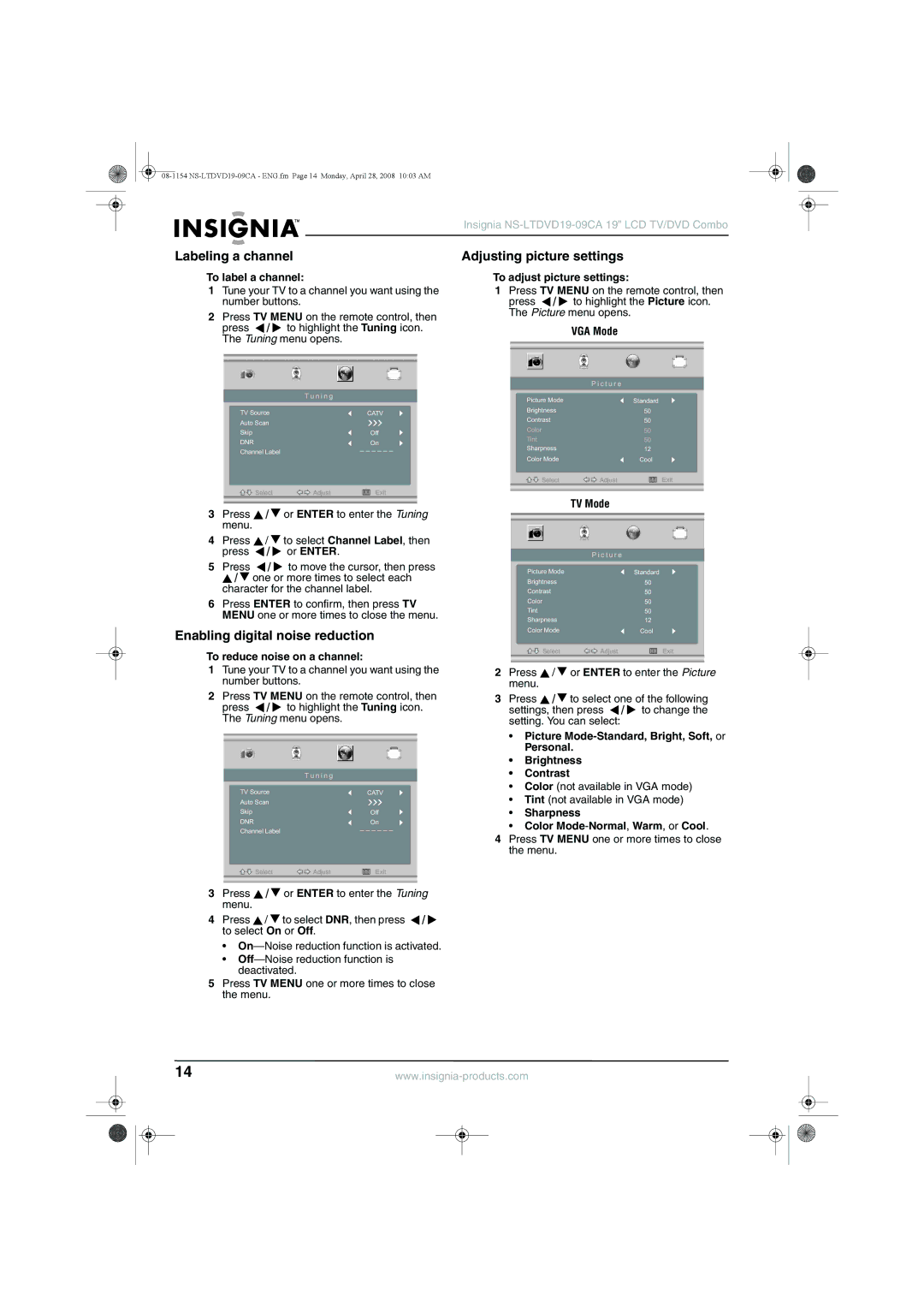 Insignia NS-LTDVD19-09CA manual Labeling a channel, Enabling digital noise reduction, Adjusting picture settings 