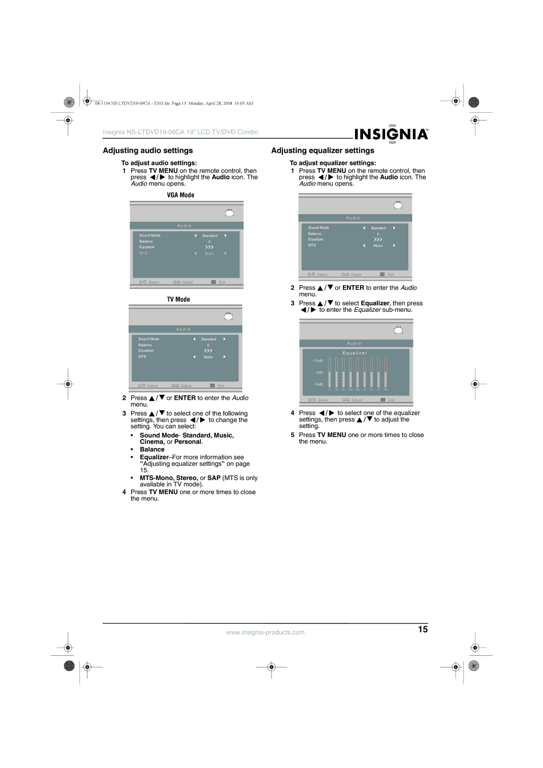 Insignia NS-LTDVD19-09CA manual Adjusting audio settings, Adjusting equalizer settings 