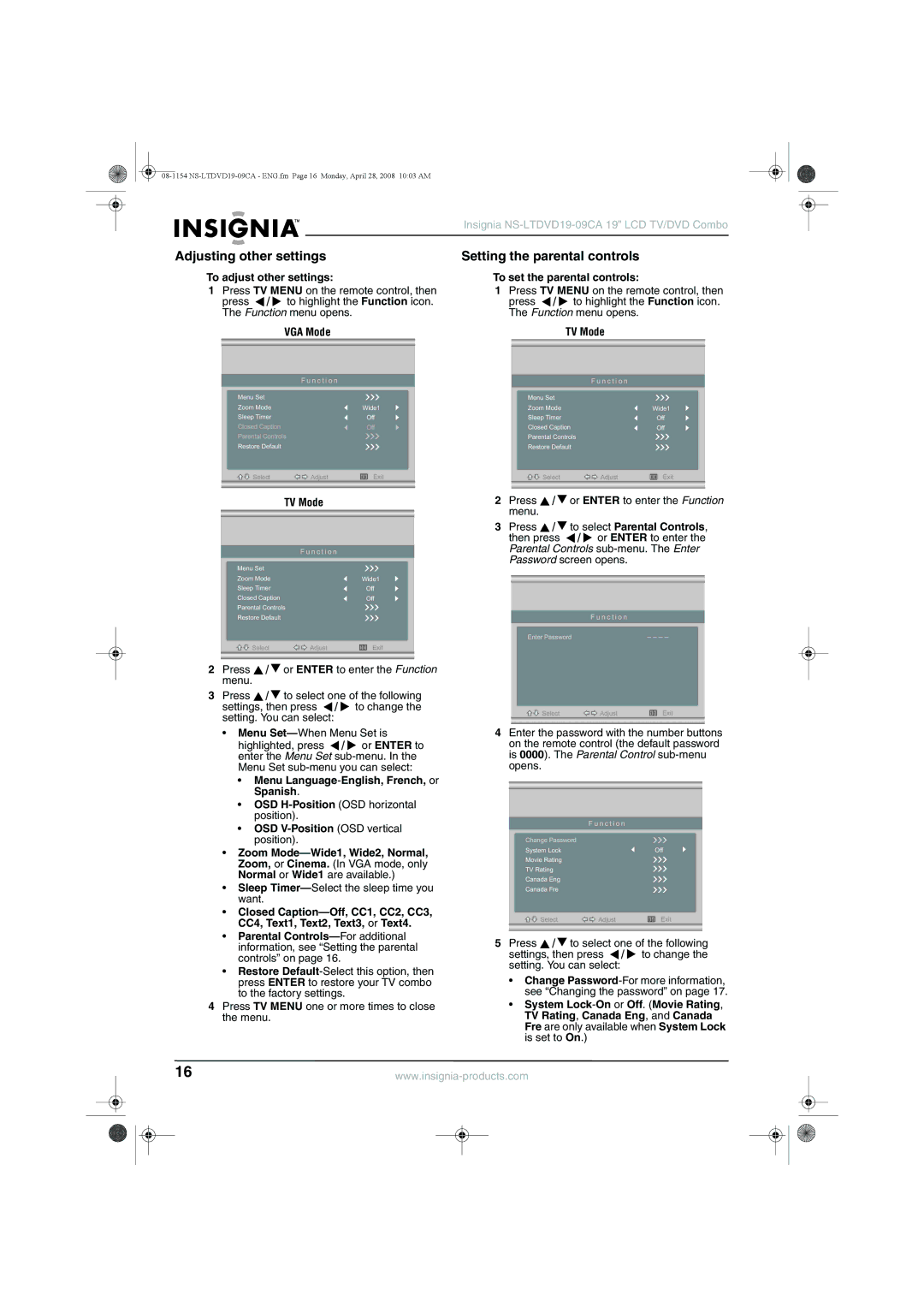 Insignia NS-LTDVD19-09CA manual Adjusting other settings, Setting the parental controls, To adjust other settings 