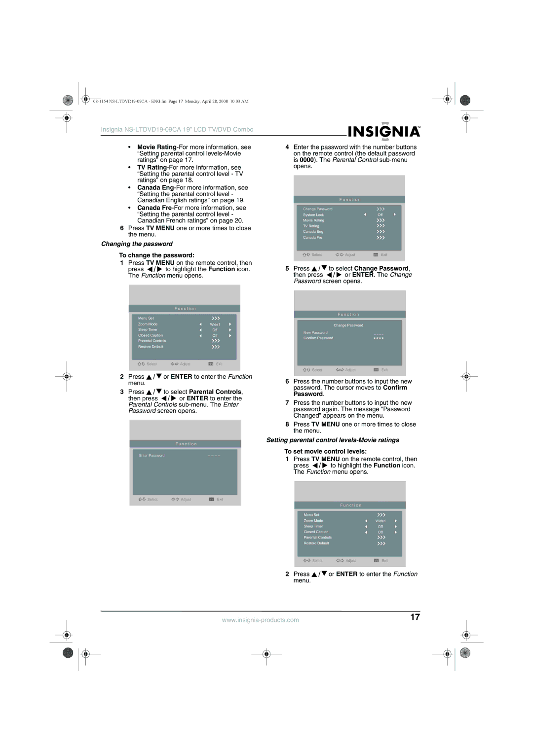 Insignia NS-LTDVD19-09CA Changing the password, To change the password, Setting parental control levels-Movie ratings 