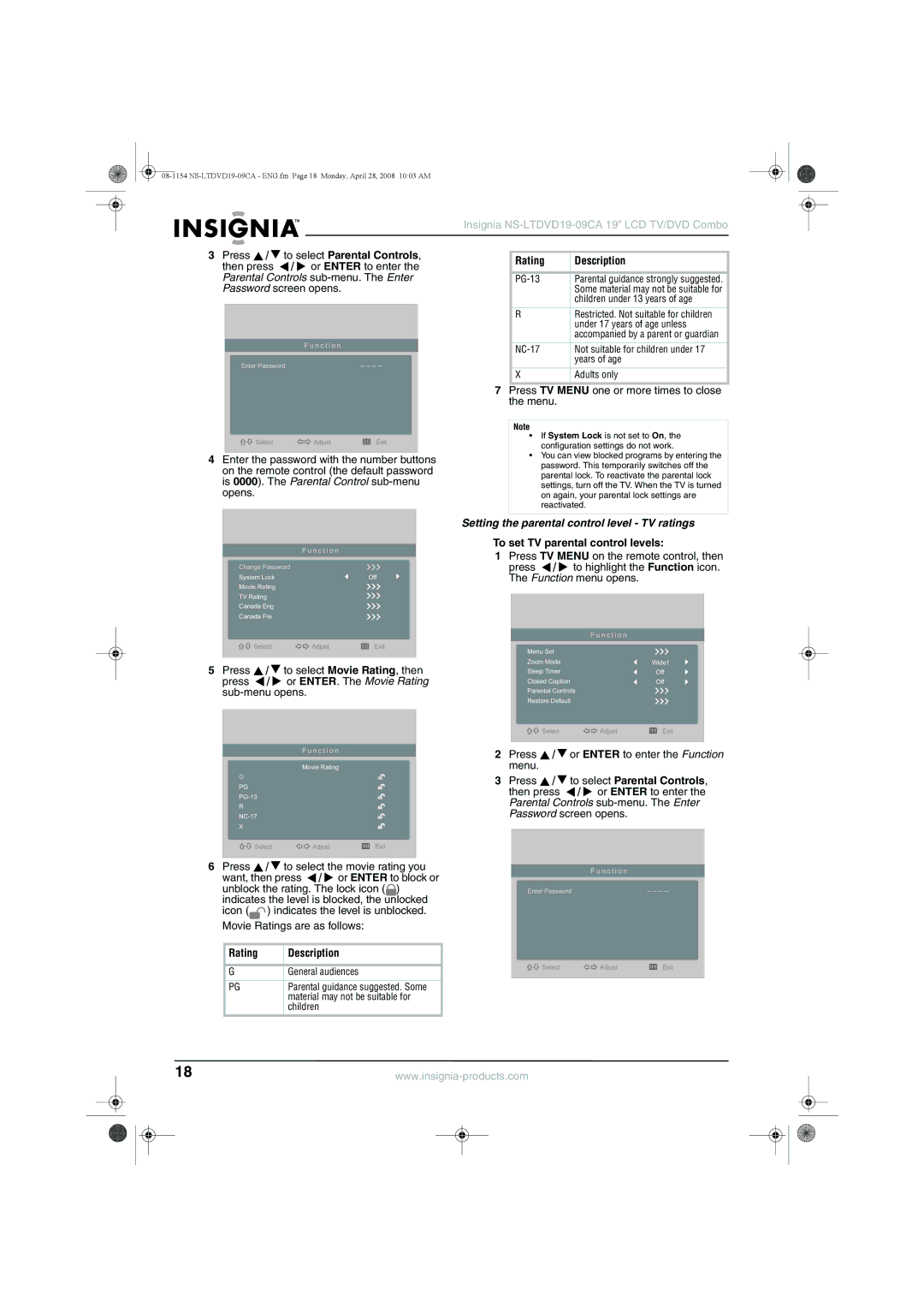 Insignia NS-LTDVD19-09CA manual Rating Description, Setting the parental control level TV ratings 