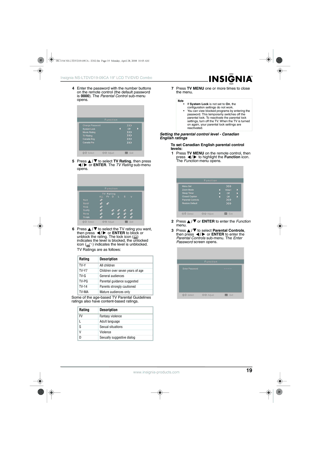 Insignia NS-LTDVD19-09CA manual Setting the parental control level Canadian, English ratings 